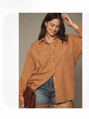 Maeve Bennett Rust-Orange and Red Striped Button-Down Shirt